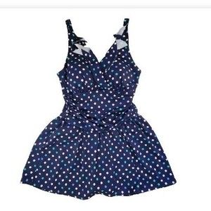 Denim & Co. Beach Ruffle Neck Skirted Swim Dress Suit Blue Dots NWOT Sz 12